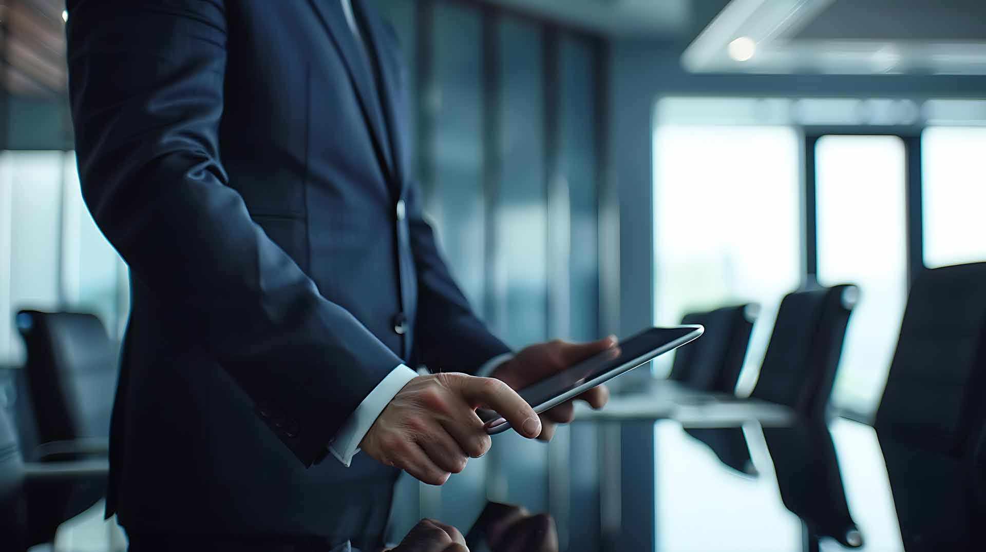 Businessman Using Tablet in Conference Room, Copy Space,